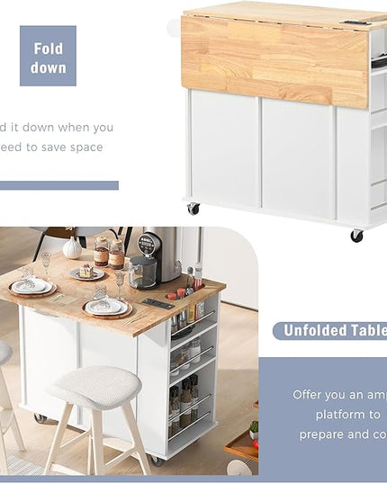 Kitchen Island Drop Leaf & Power Outlet, Mobile Cart w/Open Storage Wine Rack, Lockable Universal Wheels and Unfolded Tabletop, for Home, Dining Room, White, 39.8 Inch - LeafyLoom