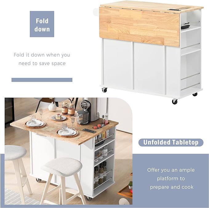 Kitchen Island Drop Leaf & Power Outlet, Mobile Cart w/Open Storage Wine Rack, Lockable Universal Wheels and Unfolded Tabletop, for Home, Dining Room, White, 39.8 Inch - LeafyLoom