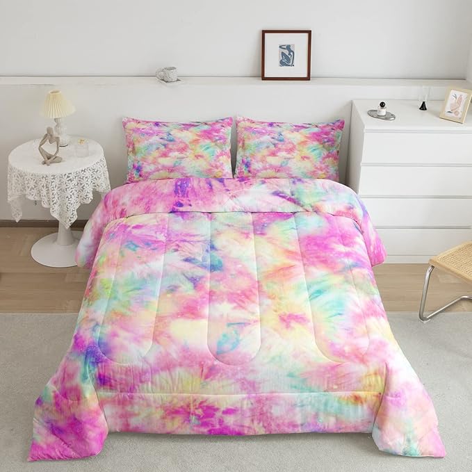 Erosebridal Kids Tie Dye Comforter Set, Bohemian Batik Down Comforter Full Size, Boho Psychedelic Bedding Comforters for Children Girls Boys Teens Bedroom, Trippy Tattoo Watercolor Quilted Duvet - LeafyLoom