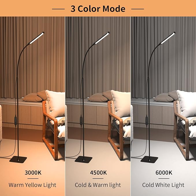 LED Floor Lamp, Reading Lamps Floor Standing [120 LEDs with 3 Color Mode 3000K-6000K & 10 Brightness Setting] Dimmable Desk Light with Flexible Gooseneck for Living Room Bedroom Office - LeafyLoom