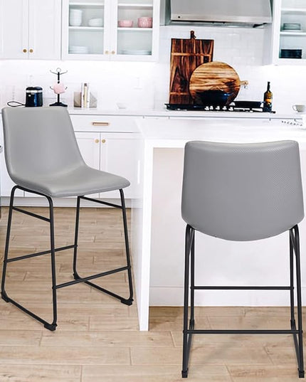 Bar Stools Set of 2, 26 Inches Bar Stool with Back, Carbon Fiber Bar Chair with Metal Legs (Light Grey) - LeafyLoom