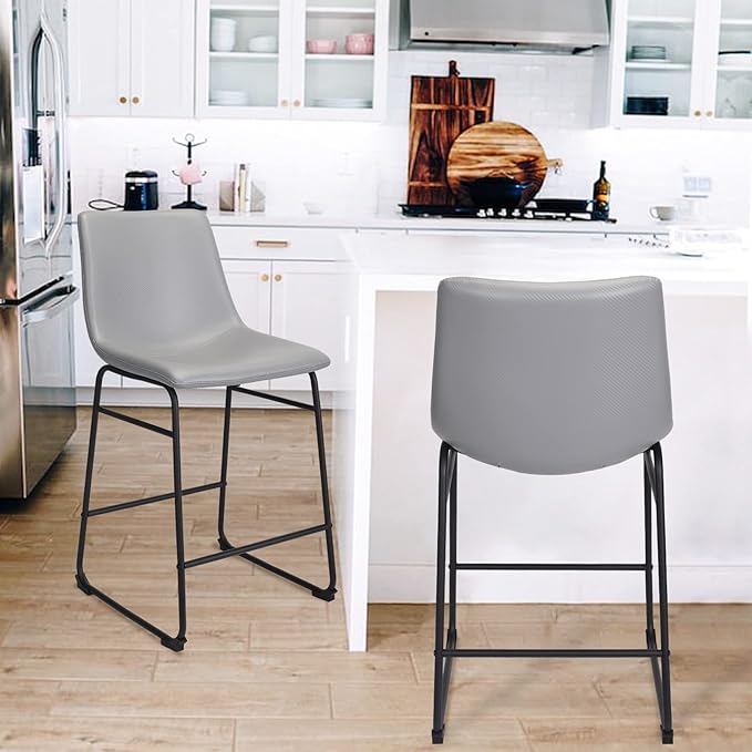 Bar Stools Set of 2, 26 Inches Bar Stool with Back, Carbon Fiber Bar Chair with Metal Legs (Light Grey) - LeafyLoom