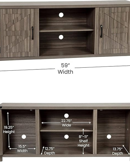 Flash Furniture Modern Farmhouse Barn Door TV Stand - Gray Wash Oak 59 Inch Entertainment Center - For TV's up to 65 Inches - Adjustable Middle Shelf - LeafyLoom