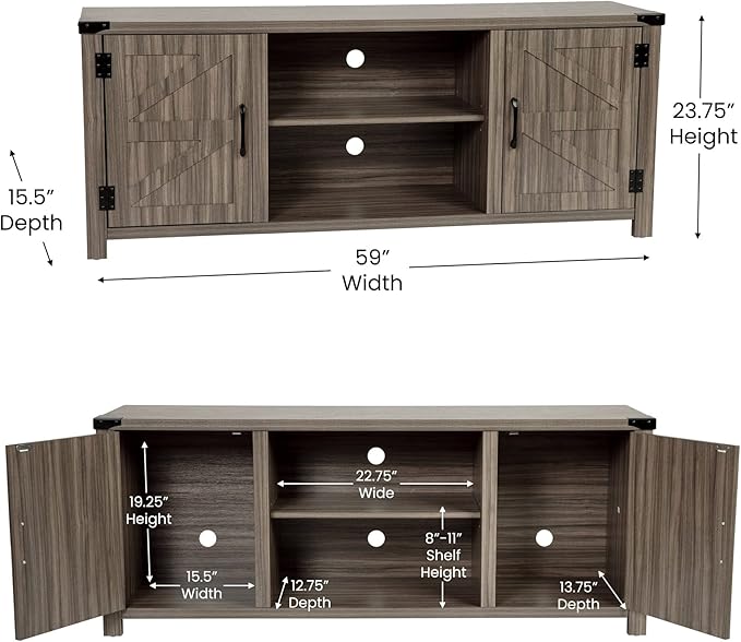 Flash Furniture Modern Farmhouse Barn Door TV Stand - Gray Wash Oak 59 Inch Entertainment Center - For TV's up to 65 Inches - Adjustable Middle Shelf - LeafyLoom
