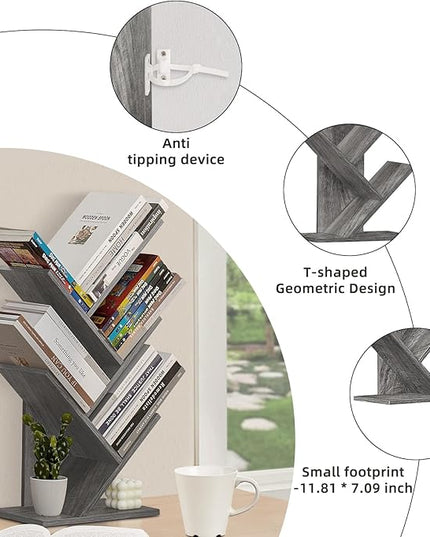 5 Tier Tree Book Shelf, Small Desktop Bookshelf with Storage Organizer, Wood Bookcase, Desk Display Bookshelves, Floor Standing Organizer Bookcases for Living Room,Bedroom,Office - Light Grey - LeafyLoom