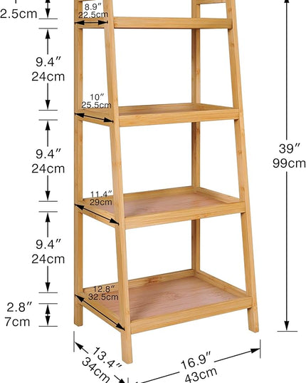 SMIBUY Bamboo Ladder Bookcase, Bathroom Storage Rack Organizer, 4 Tier Freestanding Plant Display Stand Space Saver Shelves for Bedroom, Kitchen, Balcony (Natural) - LeafyLoom