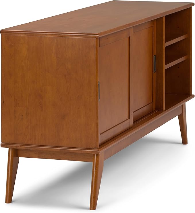 SIMPLIHOME Draper SOLID HARDWOOD 60 Inch Wide Mid Century Modern TV Media Stand in Teak Brown For TVs up to 65 Inches, For the Living Room and Entertainment Center - LeafyLoom