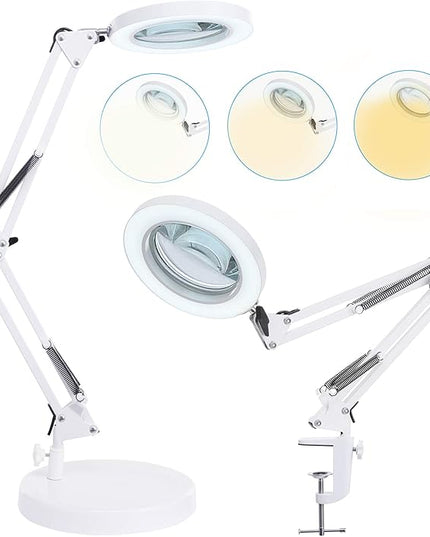 5X Magnifying Glass with Light and Stand, KIRKAS 2-in-1 Real Glass Lens Magnifying Desk Lamp with Clamp, 3 Color Modes, Stepless Dimmable Magnifier Light for Close Work Repair Reading Crafts- White - LeafyLoom