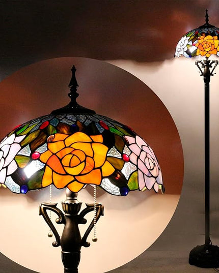 Tiffany Floor Lamp Stained Glass Standing Reading Light 16X16X66 Inch - Orange Red Rose - LeafyLoom