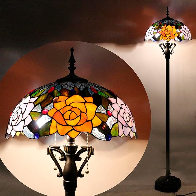 Tiffany Floor Lamp Stained Glass Standing Reading Light 16X16X66 Inch - Orange Red Rose - LeafyLoom