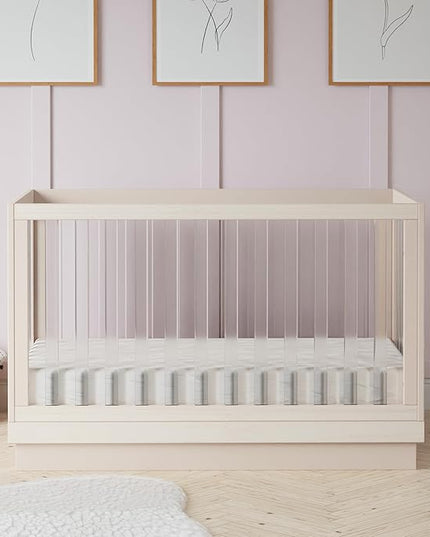 Babyletto Harlow Acrylic 3-in-1 Convertible Crib with Toddler Bed Conversion Kit in Washed Natural with Acrylic Slats, Greenguard Gold Certified - LeafyLoom