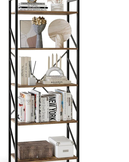 5 Tier Bookshelf Bookcase Wood Tall Bookshelf Open Shelf,Farmhouse Bookshelf Book case, Industrial Bookshelf Storage Organizer for Bedroom,Living Room,Office, Rustic Brown - LeafyLoom