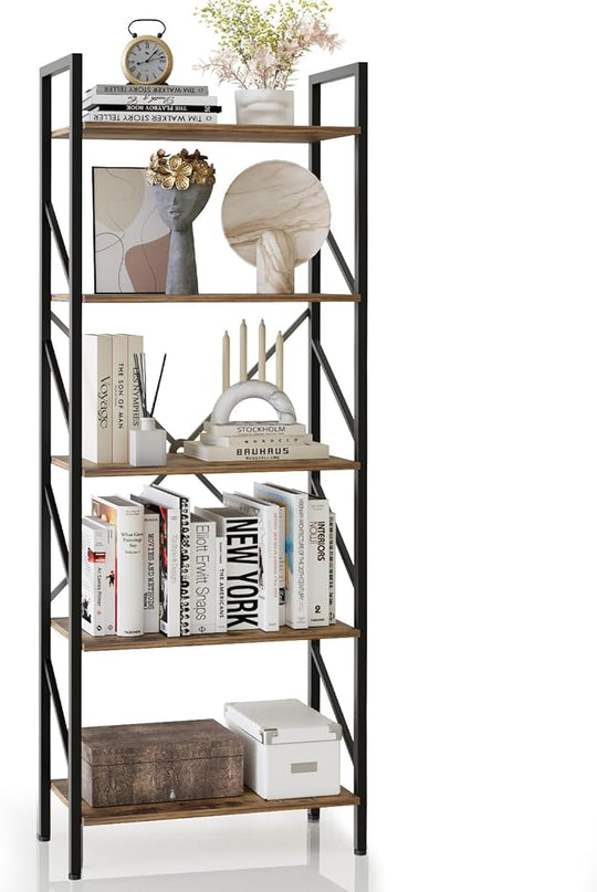 5 Tier Bookshelf Bookcase Wood Tall Bookshelf Open Shelf,Farmhouse Bookshelf Book case, Industrial Bookshelf Storage Organizer for Bedroom,Living Room,Office, Rustic Brown - LeafyLoom