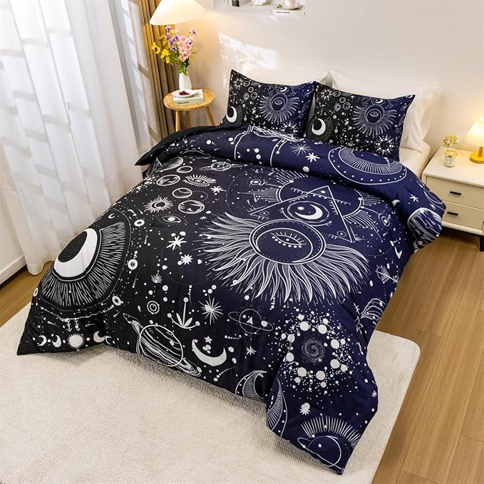 Holawakaka Stars Moon Constellation Print Comforter Set Twin Size Girls Boys Witchy Astrology Zodiac Celestial Bedding Set (Navy Blue,Twin) - LeafyLoom