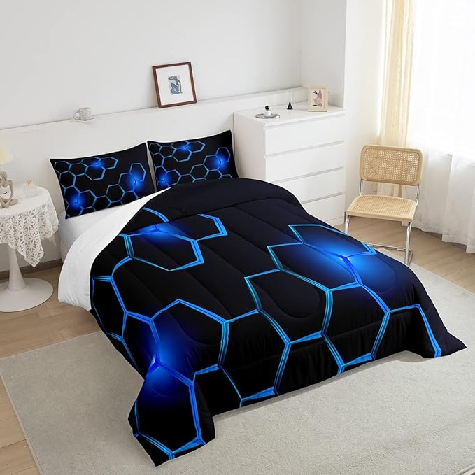 Honeycomb Kids Comforter Set Modern Geometry Hexagon Bedding Set for Boys Children Teens Bedroom Decor Geometrical Comforter Beehive Geometric Black Blue Duvet Set Twin Size with 1 Pillow Case - LeafyLoom