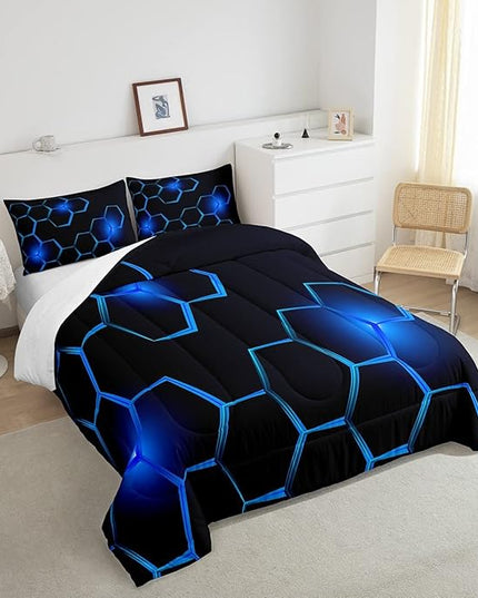 Honeycomb Kids Comforter Set Modern Geometry Hexagon Bedding Set for Boys Teens Decor Geometrical Comforter Beehive Geometric Black Blue Duvet Set King Size with 3 Pillow Case Boys - LeafyLoom