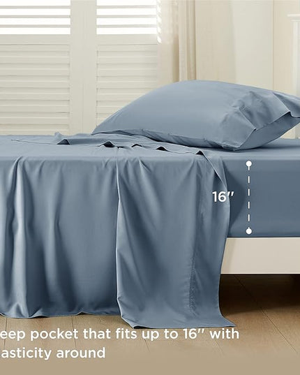 Bedsure Twin XL Sheet Set Dorm Bedding, Cooling Sheets Twin Extra Long Sheets, Rayon Derived from Bamboo, Deep Pocket Up to 16", Hotel Luxury Silky Bedding Sheets & Pillowcases, Mineral Blue - LeafyLoom