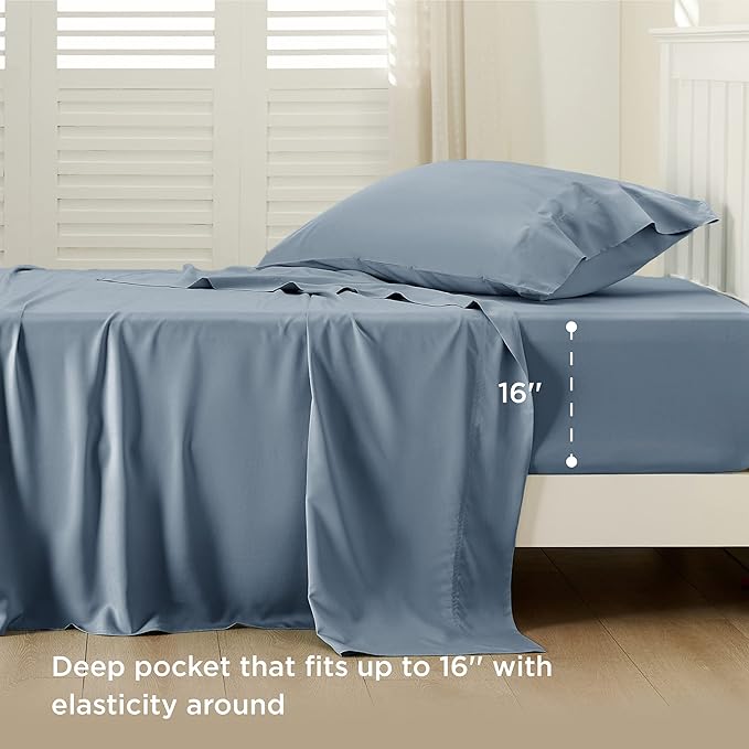 Bedsure Twin XL Sheet Set Dorm Bedding, Cooling Sheets Twin Extra Long Sheets, Rayon Derived from Bamboo, Deep Pocket Up to 16", Hotel Luxury Silky Bedding Sheets & Pillowcases, Mineral Blue - LeafyLoom