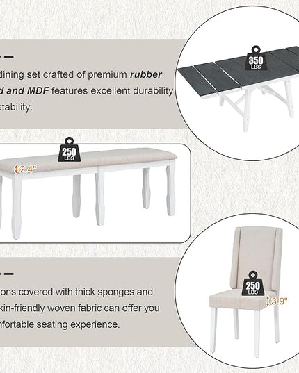 78Inch Dining Table Set for 6, Rectangular Extendable Dining Table with two 12" W Removable Leaves and 4 Upholstered Chairs & 1 Bench for Dining Room, Grey+White - LeafyLoom