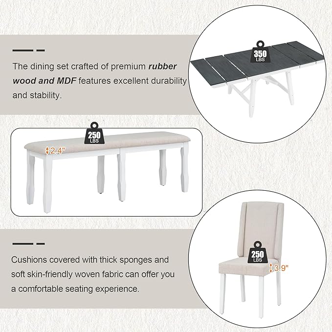 78Inch Dining Table Set for 6, Rectangular Extendable Dining Table with two 12" W Removable Leaves and 4 Upholstered Chairs & 1 Bench for Dining Room, Grey+White - LeafyLoom