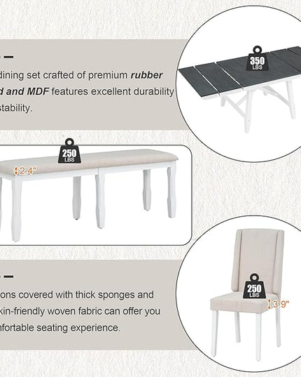 Classic Dining Table Set for 6 with 78' Extendable Rectangular Tabletop with Two 12" W Removable Leaves and 4 Upholstered Chairs & 1 Bench for Kitchen Living Room, Gray+White - LeafyLoom