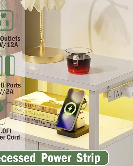 Furnulem 4 Drawer Dresser with Led Light and Charging Station, White Night Stand with Storage Shelf and Fabric & PVC Drawer, 33 Inch Bedside Table, Tall Nightstand for Entryway, Bedroom Furniture - LeafyLoom