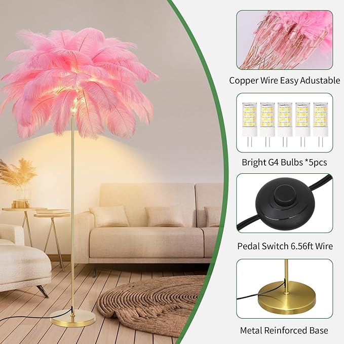 Feather Lamp, Natural Ostrich Feather Floor Lamp for Living Room, 63in Height, 3 Color Temperatures Bright LED Bulbs, Modern Funky Tall Lamp Standing Light for Bedroom (Pink) - LeafyLoom