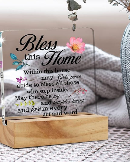 Inspirational House Warming Gifts Home Bless this Home Quote Desk Decor House Blessing Religious Acrylic Desk Plaque Sign with Wood Stand Home Office Desk Sign Keepsake - LeafyLoom