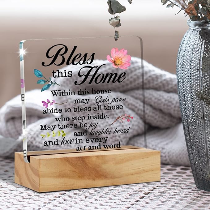 Inspirational House Warming Gifts Home Bless this Home Quote Desk Decor House Blessing Religious Acrylic Desk Plaque Sign with Wood Stand Home Office Desk Sign Keepsake - LeafyLoom