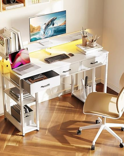 AODK 48 inch Computer Desk with 3 Drawers, Gaming Desk with LED Lights & Power Outlets, Home Office Desk with Storage Shelves & Monitor Stand, Modern Work Study Writing Table for Small Spaces, White - LeafyLoom