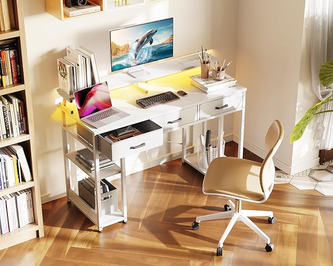 AODK 48 inch Computer Desk with 3 Drawers, Gaming Desk with LED Lights & Power Outlets, Home Office Desk with Storage Shelves & Monitor Stand, Modern Work Study Writing Table for Small Spaces, White - LeafyLoom