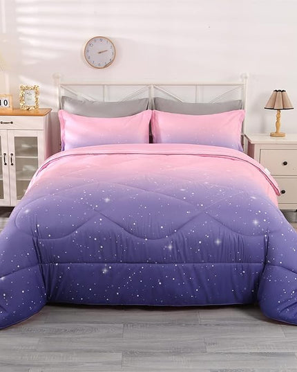 Wowelife Glitter Teen Bedding Sets for Girls Gradient Full Size 5 Pieces Comforter Set Pink Purple Kids Comforter Sets Lightweight with Comforter, Flat Sheet, Fitted Sheet and 2 Pillowcases - LeafyLoom