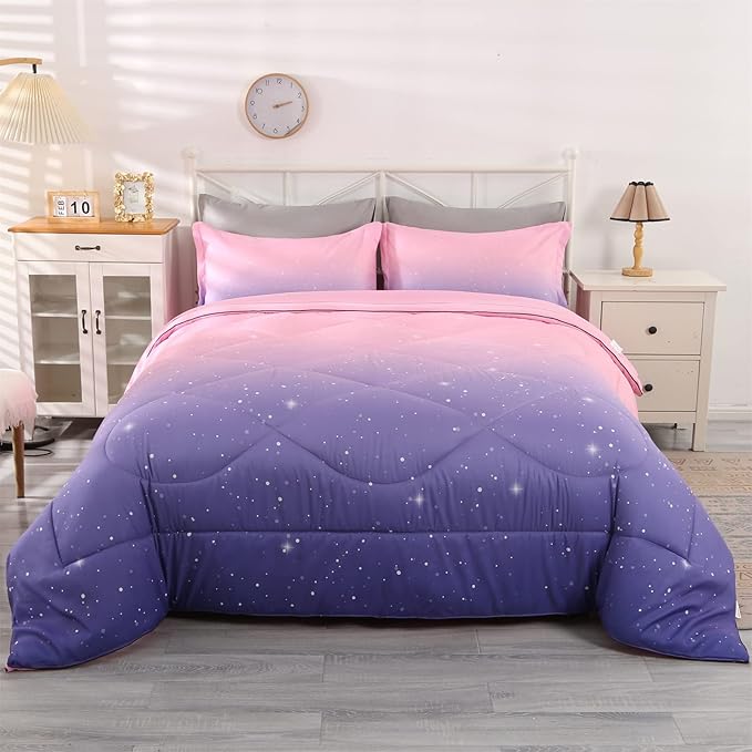 Wowelife Glitter Teen Bedding Sets for Girls Gradient Full Size 5 Pieces Comforter Set Pink Purple Kids Comforter Sets Lightweight with Comforter, Flat Sheet, Fitted Sheet and 2 Pillowcases - LeafyLoom