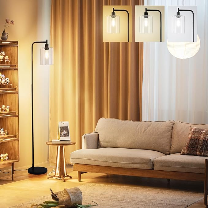Industrial Floor Lamp, Dimmable Modern Standing Lamp with Clear Glass Shade, Black Tall Lamp with Remote & Foot Control, LED Bright Corner Lamp with 6W Bulb for Living Room Bedroom Office… - LeafyLoom