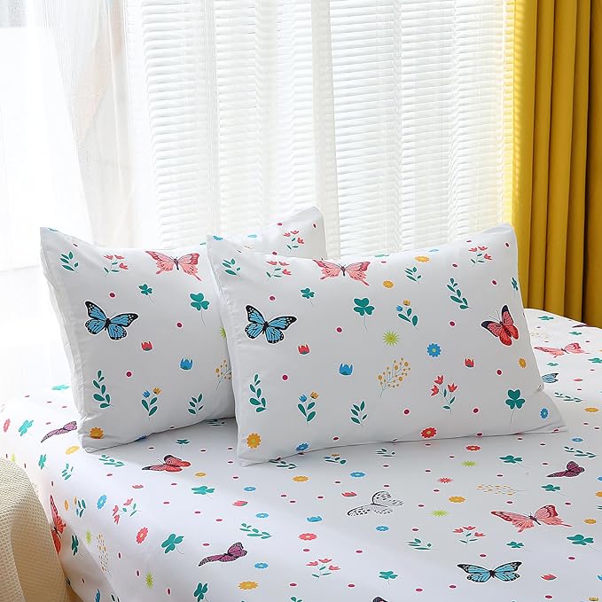 Girls Butterfly Comforter Set Full Size 7 Piece Bed in A Bag Colorful Flowers Leaves Bedding Set for Kids Teens Super Soft All Season - LeafyLoom