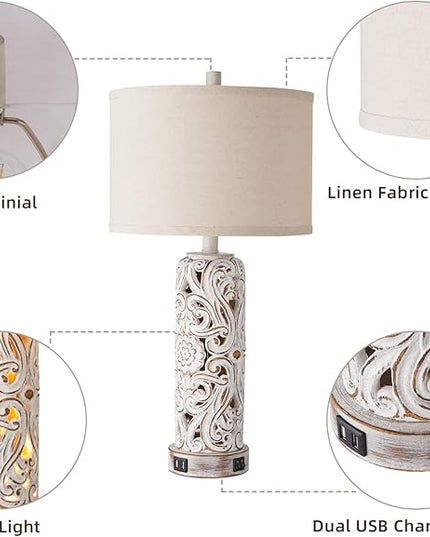 RORIANO Set of 2 Rustic Farmhouse Table Lamps for Living Room Bedroom, Vintage Bedside Lamp with Dual USB Port, Antique White Resin Retro Nightstand Lamps with Night Light, 2 Bulbs Include - LeafyLoom