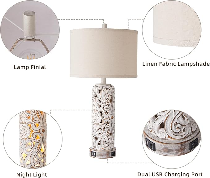 RORIANO Set of 2 Rustic Farmhouse Table Lamps for Living Room Bedroom, Vintage Bedside Lamp with Dual USB Port, Antique White Resin Retro Nightstand Lamps with Night Light, 2 Bulbs Include - LeafyLoom