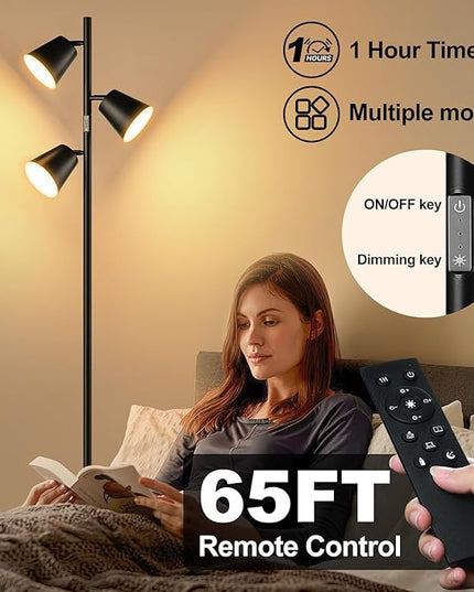 [2024 New]Dimmable LED Floor Lamp with Remote & Touch Control, 3 x 800LM Modern Tree Standing Lamp, 4 Color Temperatures, 3 Rotatable LED Light Floor Lamps for Living Room Bedroom Office-Matte Black - LeafyLoom