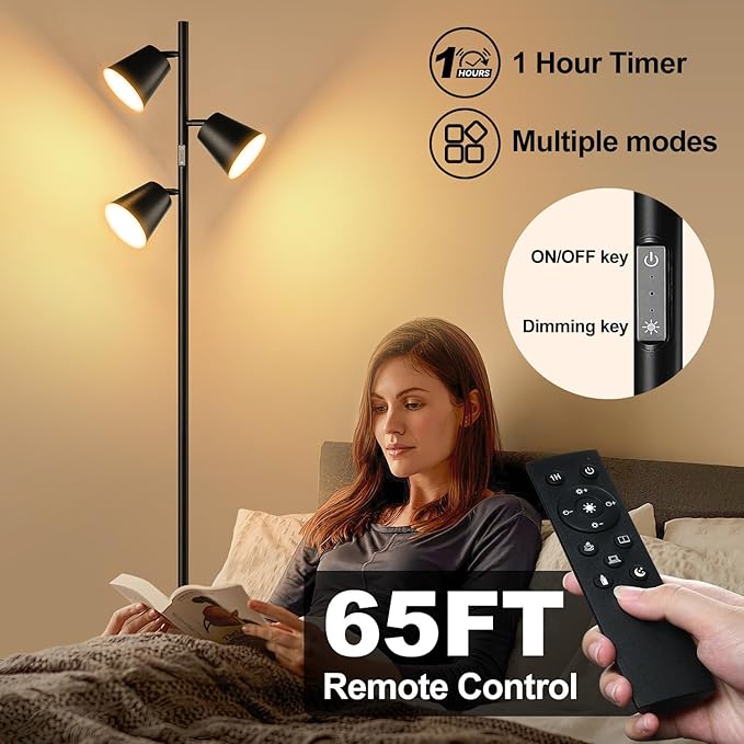 [2024 New]Dimmable LED Floor Lamp with Remote & Touch Control, 3 x 800LM Modern Tree Standing Lamp, 4 Color Temperatures, 3 Rotatable LED Light Floor Lamps for Living Room Bedroom Office-Matte Black - LeafyLoom