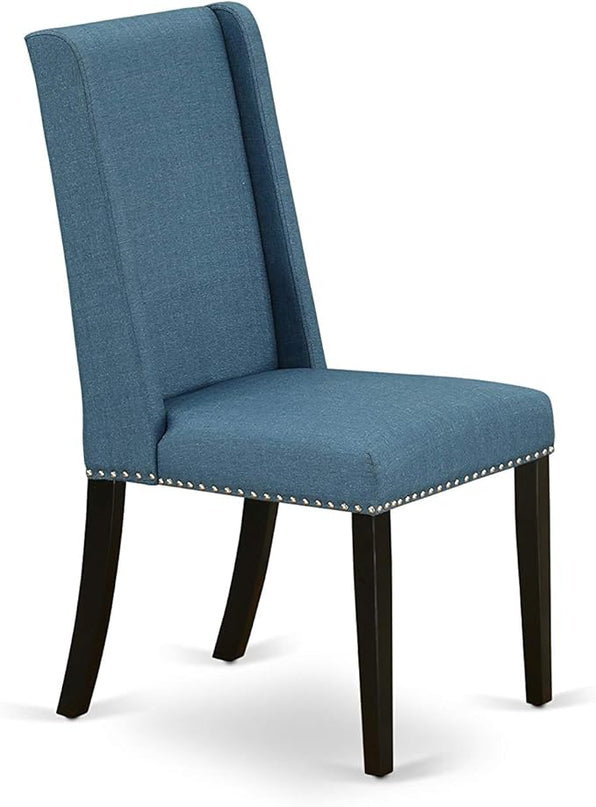 East West Furniture NOFL3-BLK-21 3 Piece Modern Dining Set Contains a Rectangle Wooden Table with Butterfly Leaf and 2 Blue Linen Fabric Upholstered Chairs, 32x54 Inch - LeafyLoom