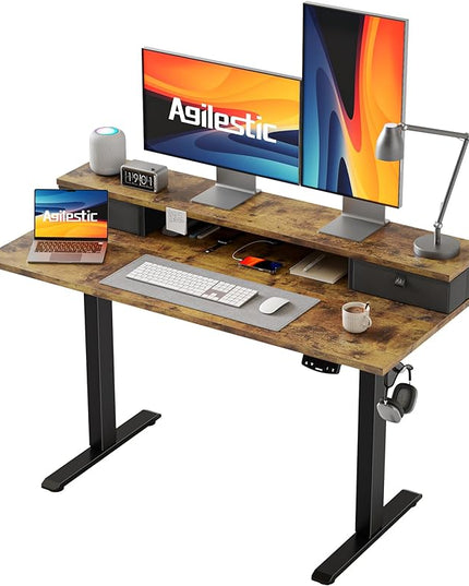 Electric Standing Desk with 2 Drawers, 48 x 24 Inches Height Adjustable Desk, 2 fabric drawers, Rustic Brown - LeafyLoom