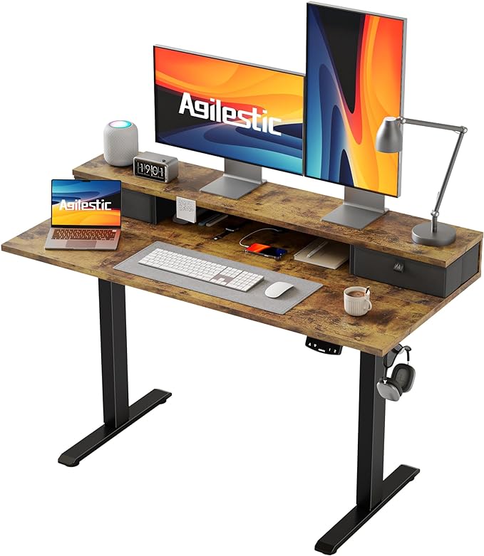 Electric Standing Desk with 2 Drawers, 48 x 24 Inches Height Adjustable Desk, 2 fabric drawers, Rustic Brown - LeafyLoom