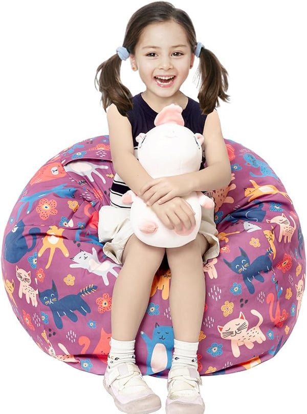 Stuffed Animal Storage Bean Bag Chair Cover, Hold Kids Plush Toys Blankets Towels Beanbag (Cover Only), Canvas Floor Circle Stuff Sit Seat Sofa with YKK Zipper, Large 32", Cat - LeafyLoom