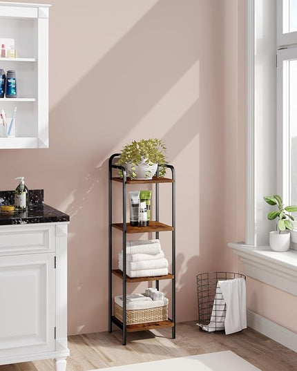 Bookcase Bookshelf, Narrow Book Shelf, Industrial Coner Shelf Storage Organizer, Slim Shelving Unit for Home Office, Living Room, Bedroom, Kitchen, 4-Tier Rustic Brown BC24401B - LeafyLoom