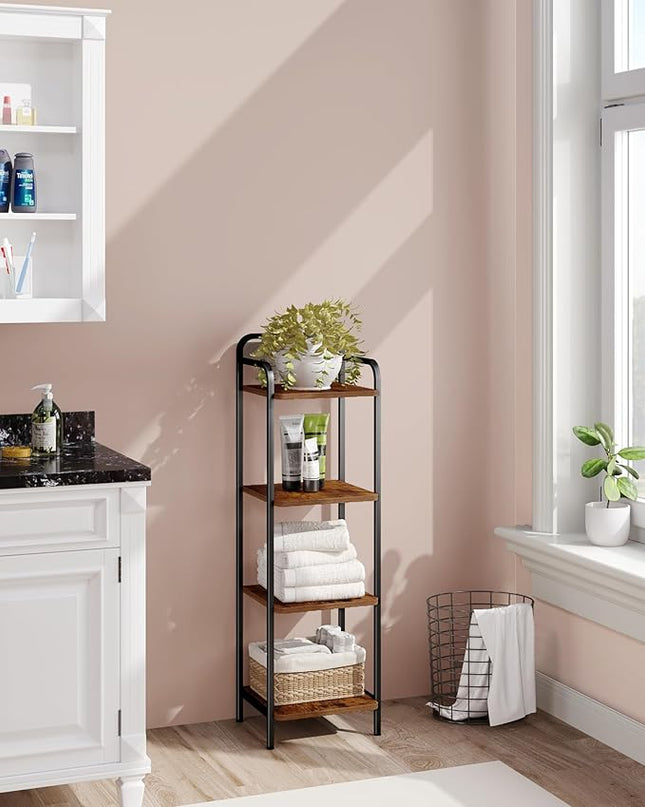 Bookcase Bookshelf, Narrow Book Shelf, Industrial Coner Shelf Storage Organizer, Slim Shelving Unit for Home Office, Living Room, Bedroom, Kitchen, 4-Tier Rustic Brown BC24401B - LeafyLoom