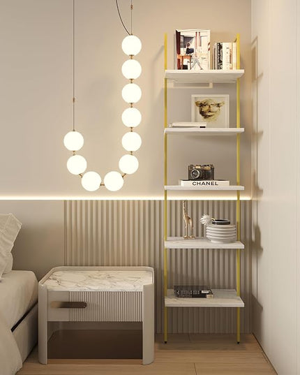 Ladder Shelf 5 Tiers Metal Industrial Bookshelf,White Marble Wood Tall Open Storage Rack and Display Shelves,Wall Mount Wide Book Case for Home Office Bedroom,Small - LeafyLoom