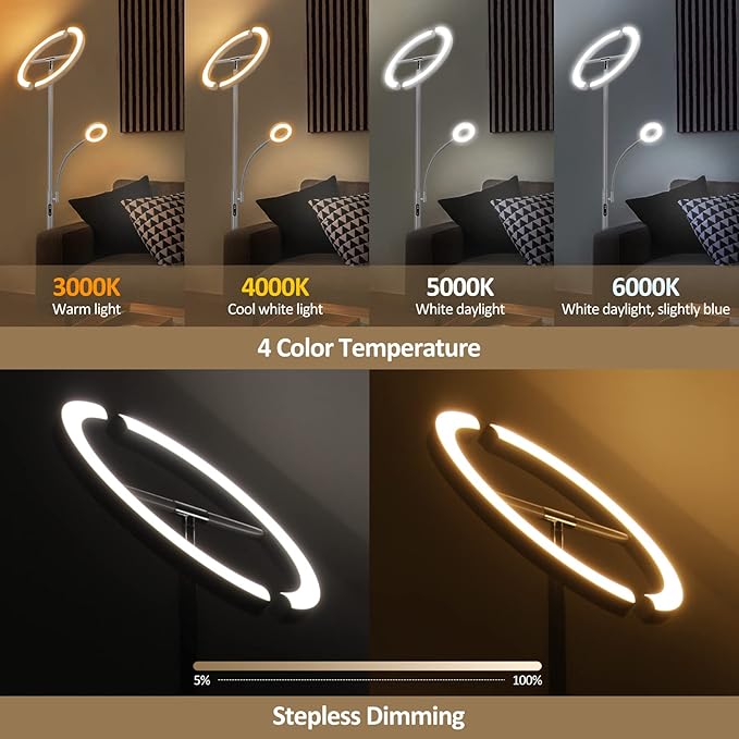 FIMEI Split Floor Lamp with Reading Light, Modern Bright LED Rotatable Standing Lamp with Stepless Dimming and 3000K-6000K Color for Living Room Bedroom Office, Touch and Remote Control, Gray - LeafyLoom