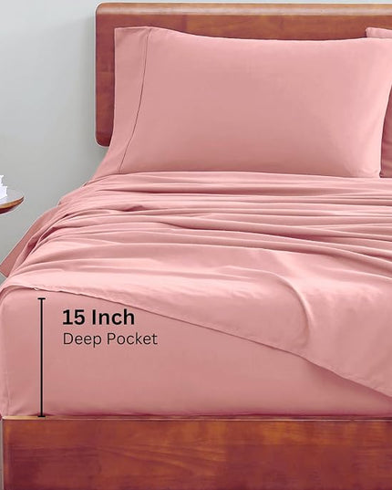 LANE LINEN 100% Organic Cotton California King Sheets Set, 4-Piece Pure Organic Cotton Long Staple Percale Weave Soft Best Bedding Sheets for Bed, Breathable, Fits Mattress Upto 15" Deep - Rose Dawn - LeafyLoom