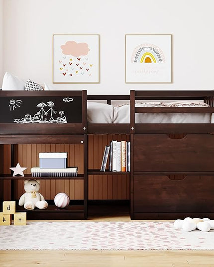 Loft Bed Frame, Twin Size Low Loft Bed with Small Rolling Desk, Chalkboard, 2 Shelves and 2 Storage Drawers for Kids Boys Girls Teens Bedroom, Space Saving Design, Espresso - LeafyLoom