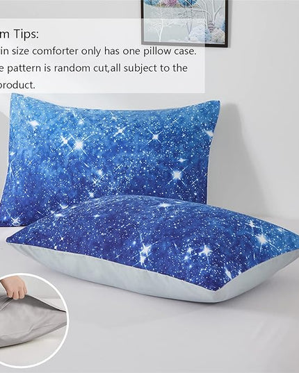 Blue Glitter Comforter Set Full/Queen Size for Boys Girls, Sparkle Galaxy Twinkle Starlight Kids Teen, 3 Piece Aqua Navy Ombre Bedding with 2 Pillow Cases(Blue,Queen), Queen(3-Piece) - LeafyLoom